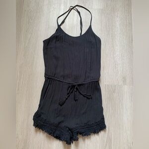 Aerie romper black with fringe, spaghetti straps